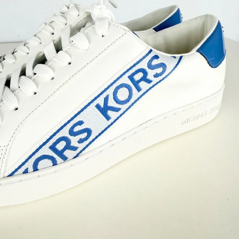 Michael Kors Women's KORS Print Side Faux Leather White Blue Sneakers Sz 7M NWOT